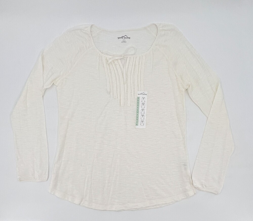 NEW Eddie Bauer Shirt Womens Large Beige Blouse Long Sleeve Pullover Casual